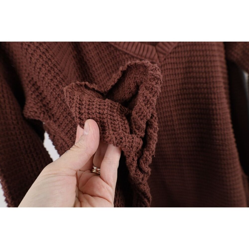 Free People Womens Large Faded Fringed Cold Shoulder Thermal Knit Sweater Brown - Picture 9 of 13